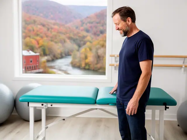 A man beside new equipment in a small physical-therapy clinic.