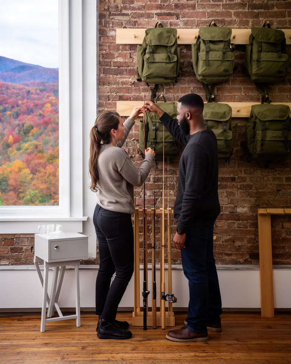 Two outfitter-shop owners hanging canvas packs and fishing rods on wooden wall pegs in a bright brick shop.