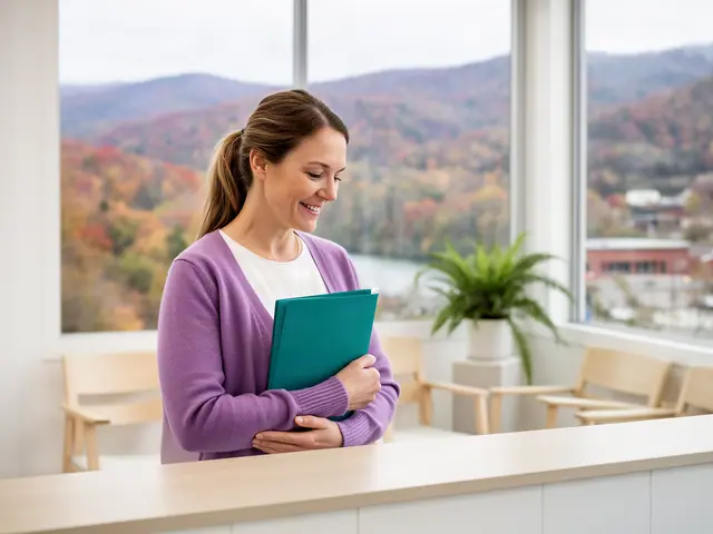 A clinic office manager holding a folder behind a reception counter.