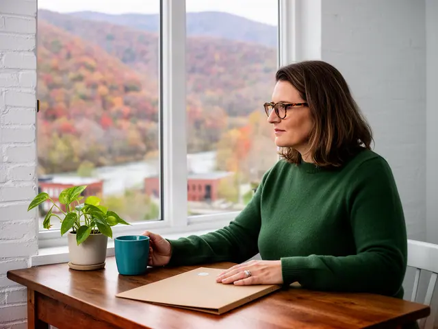 A woman with shoulder-length brown hair and tortoiseshell glasses at a desk with a folder and a mug in a small back office.