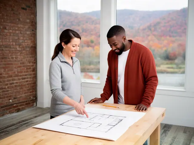 Two business partners looking over a pencil floor sketch in an empty storefront.