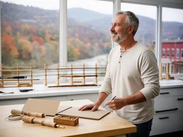 A man with short gray hair at a work table with a closed folder in a small fly-rod building workshop.